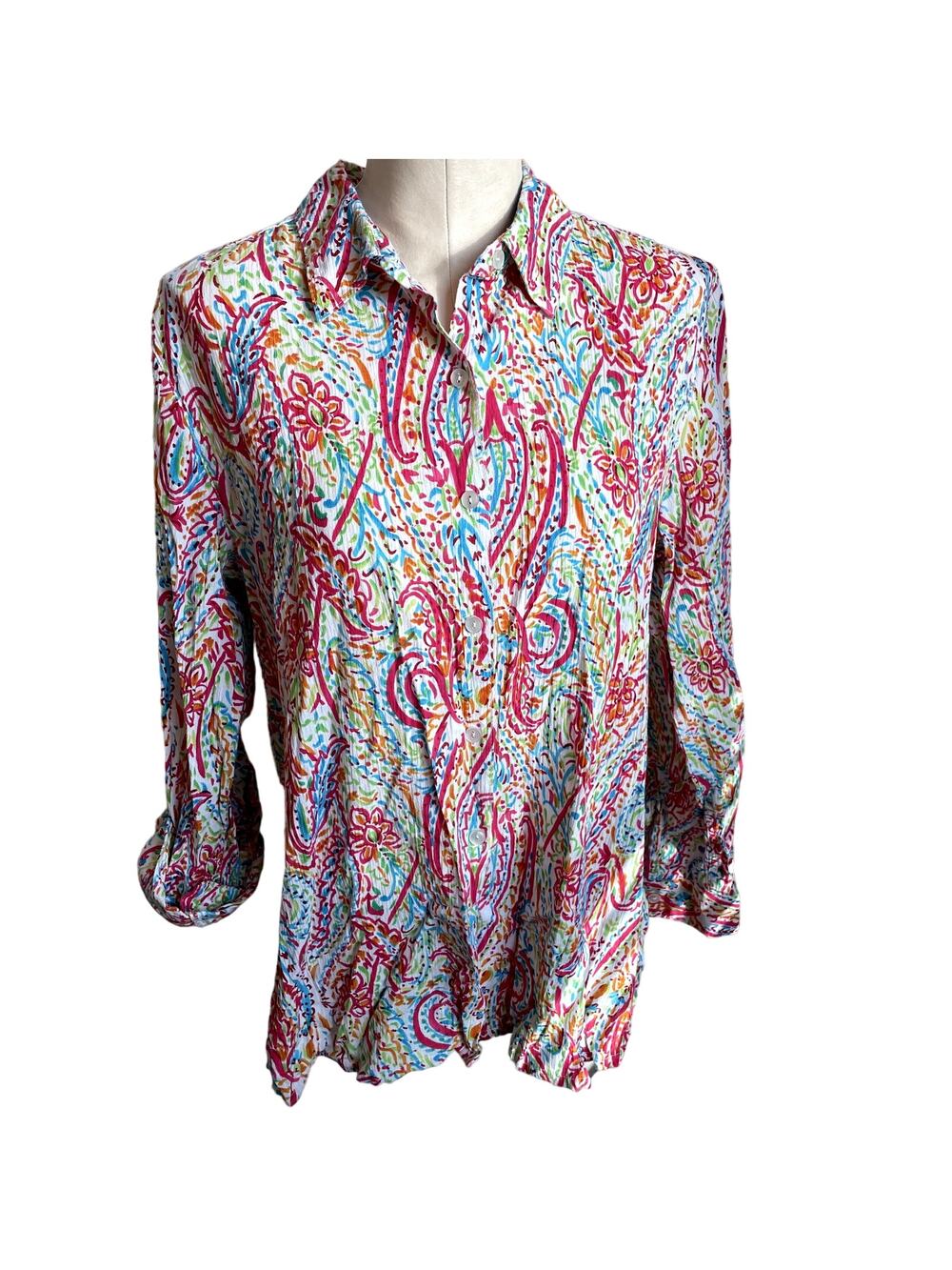 Appleseed multi color cotton button down long sleeve blouse womens Large lilly